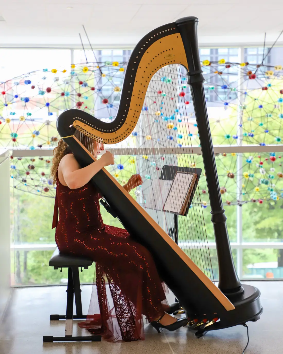 Korenna Hodge playing her Lyon and Healy Concert Grand harp at an indoor cabin reception