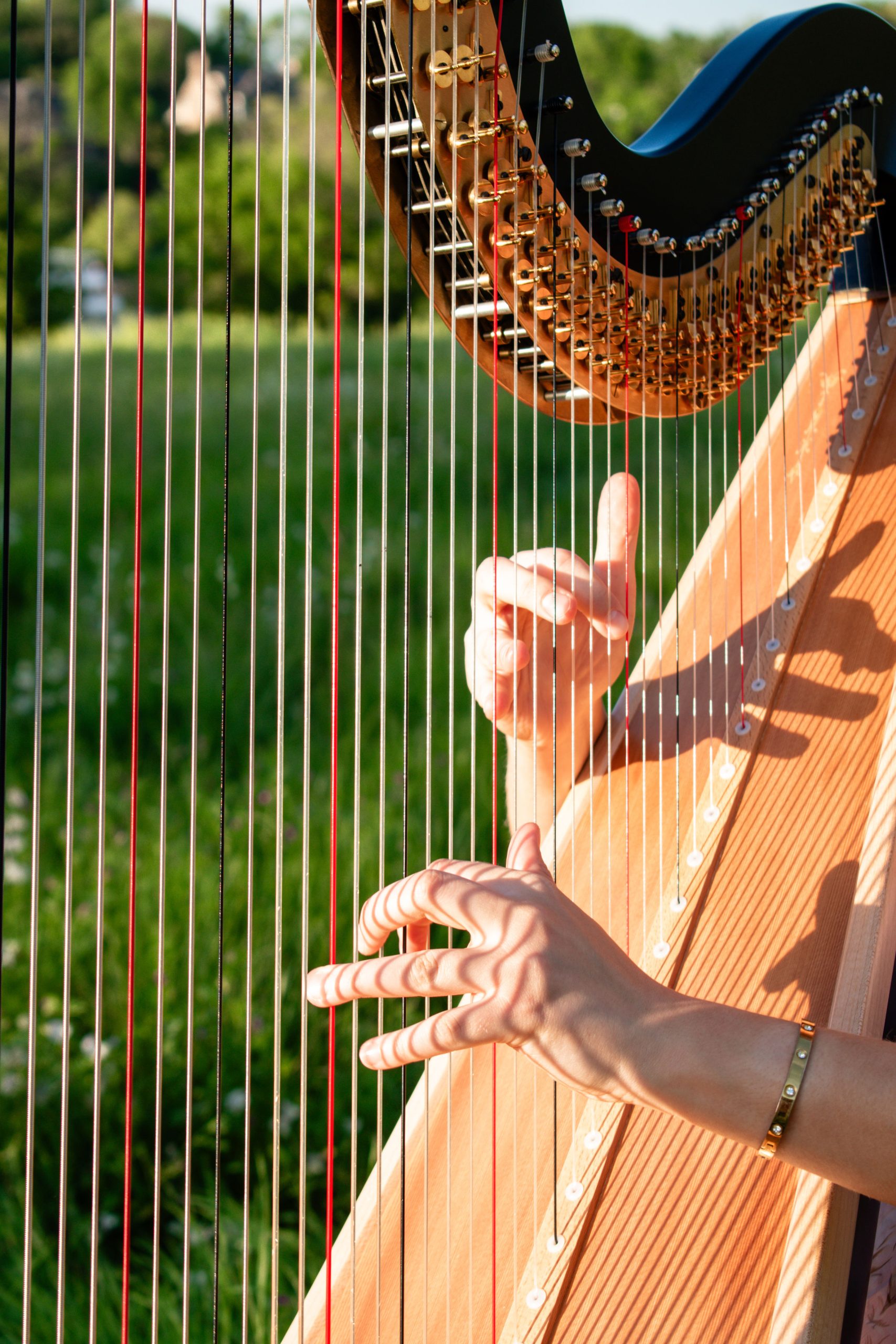 Korenna Hodge performing harp outdoors in elegant floral gown