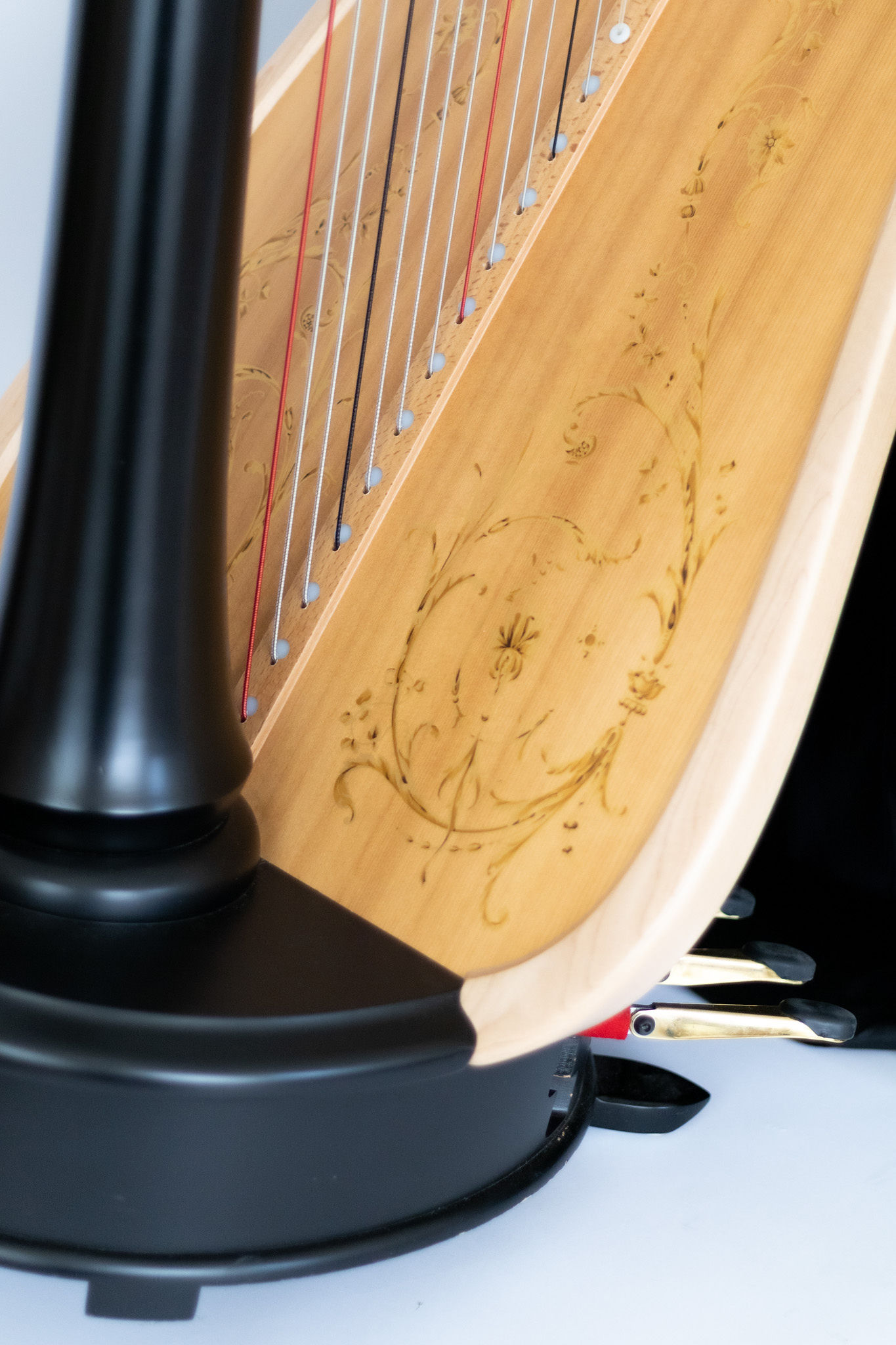 Korenna Hodge playing her Lyon and Healy Concert Grand harp at an indoor cabin reception